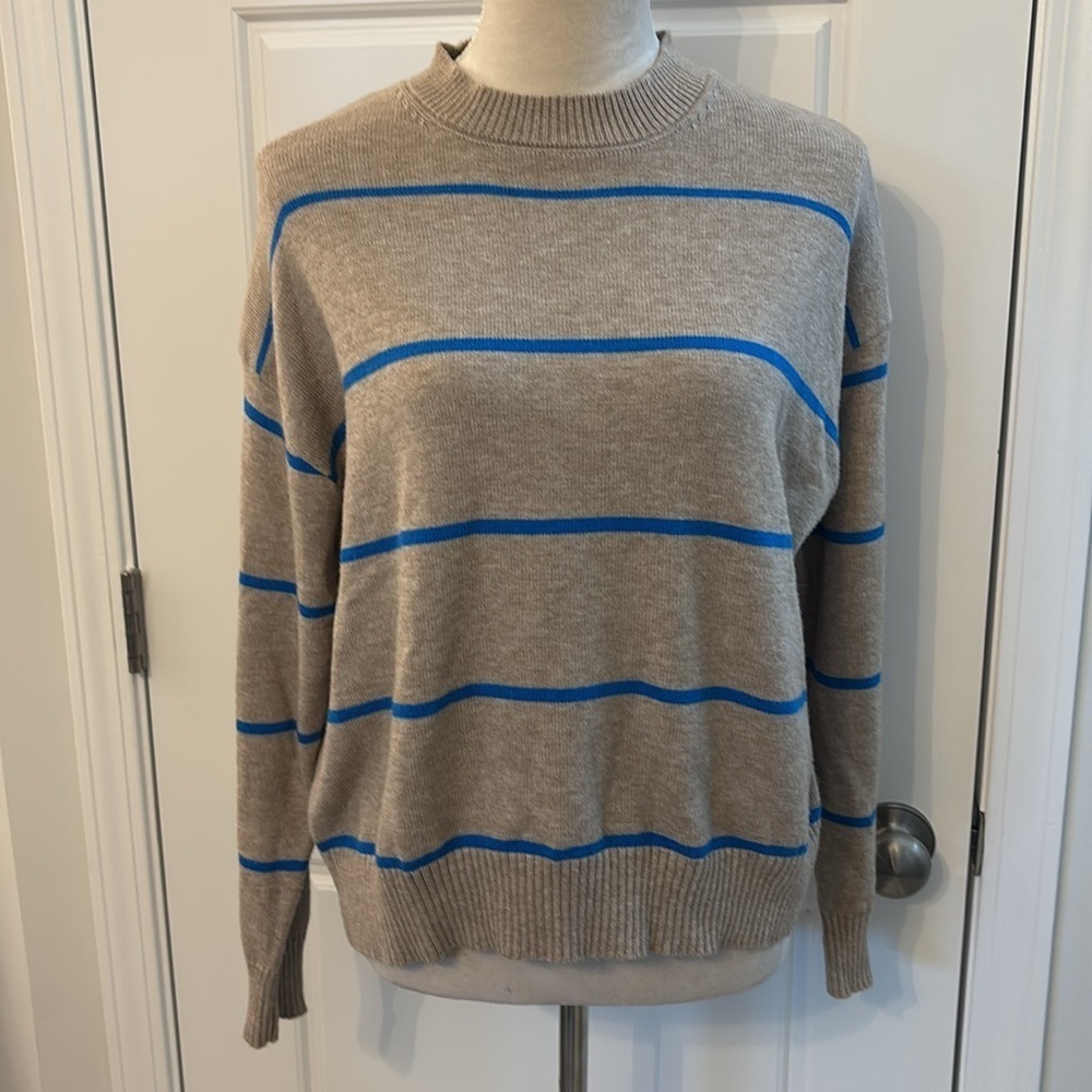 Miou Muse Tan And Blue Striped Long Sleeve Soft Crew Neck Gracie Sweater Small
